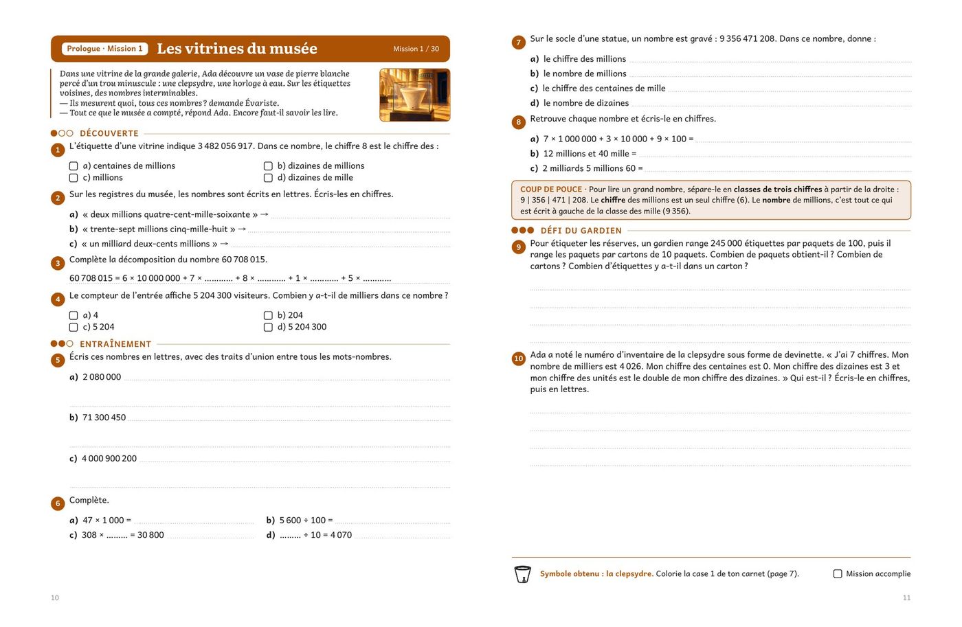 Double page d'une mission du cahier Mission Pyramides : récit, exercices numérotés et cadres de réponse