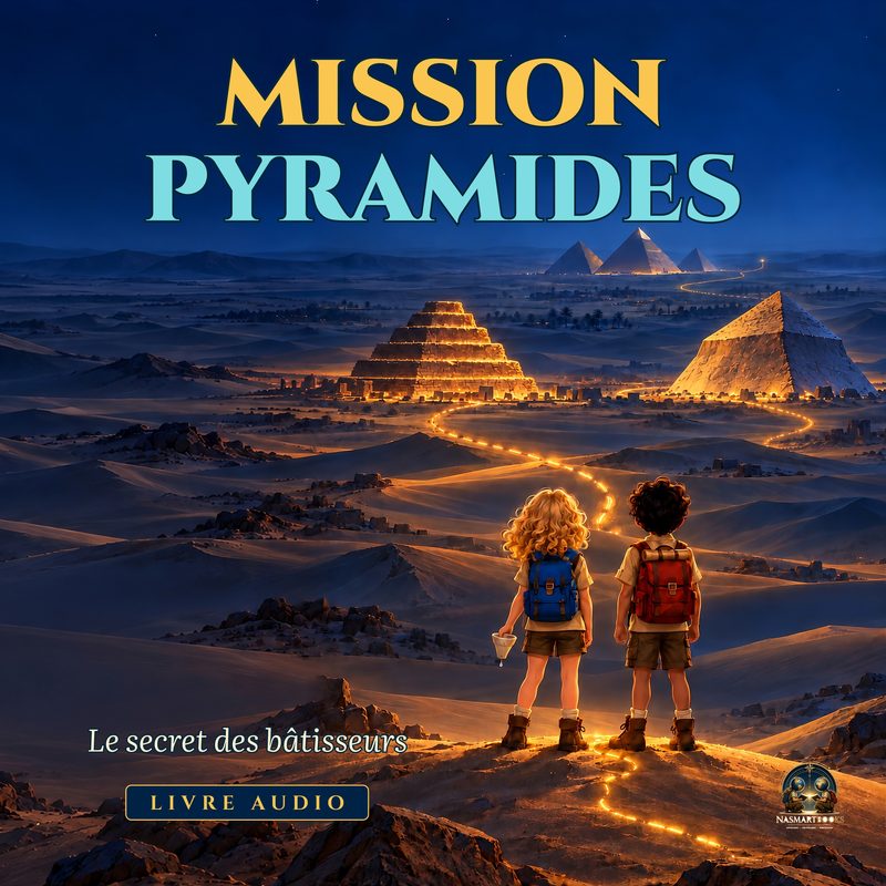 Couverture du livre audio Mission Pyramides, Le secret des bâtisseurs : Ada et Évariste, de dos, regardent les pyramides de nuit