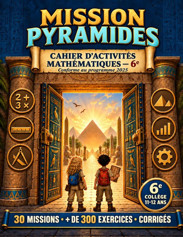 Couverture du cahier d'activités mathématiques 6e Mission Pyramides : Ada et Évariste devant une porte égyptienne ouverte