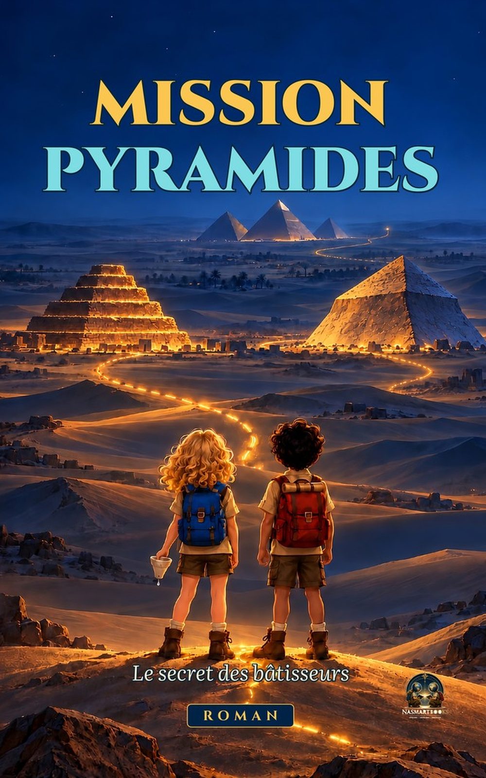 Couverture de l'ebook Mission Pyramides, Le secret des bâtisseurs : Ada et Évariste, de dos, regardent les pyramides de nuit