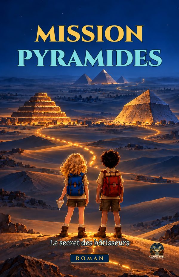 Couverture du roman Mission Pyramides, Le secret des bâtisseurs : Ada et Évariste, de dos, regardent les pyramides de nuit